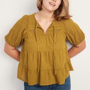 Old Navy puff sleeve tiered embroidered swing blouse ochre size XXL 100% cotton